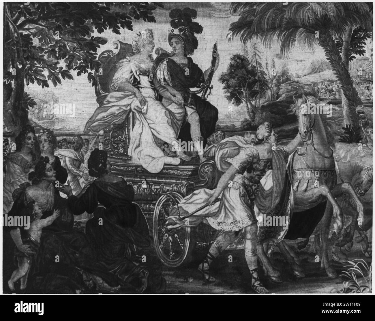 Triumph von Perseus und Andromeda. Unbekannt ca. 1690-1710 Wandteppiche Materialien/Techniken: Unbekannt Kultur: Flämisches Weberzentrum: Brüssel Perseus & Andromeda Fahrt durch die Landschaft im Wagen begleitet von Begleitpersonen (BRD) Blumengirlande Verwandte Werke: Tafeln im Set: GCPA 0238688-0238690 Stockfoto