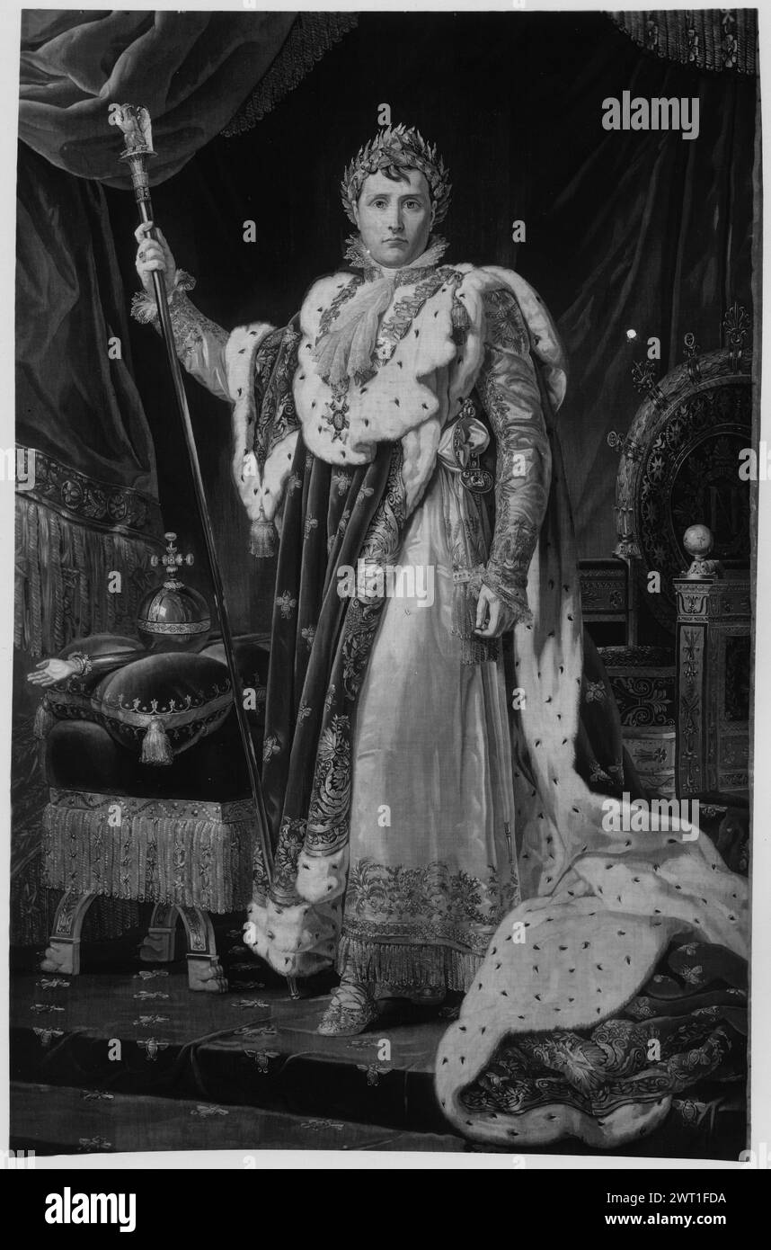 Porträt Napoleons I. Gérard, Francois-Pascal-Simon (französisch, 1770-1837) (Autor des Designs) [Maler] Cozette, Michel-Henri (französisch, 1744-1822) (Werkstatt) [Weber] 1808-1811 Gobelin Abmessungen: H 7'3,5' x B 4'9,5' Gobelin Materialien/Techniken: Wolle, Seide & Metallic Garn (silber) (Kette: 26-28/Zoll) Kultur: Französisches Weberzentrum: Paris Eigentumsgeschichte: Verleihung an Jean Jacques Régis de Cambacérès, Duc de Parme, Prinz Erzkanzler des Reiches, von Napoleon (1810–1811). Marie Jean Pierre Huber, Duc de Cambacérès coll. (1824-1881). Witwe von Marie Jean Pierre Huber Coll. (1881-1883). Mauri Stockfoto