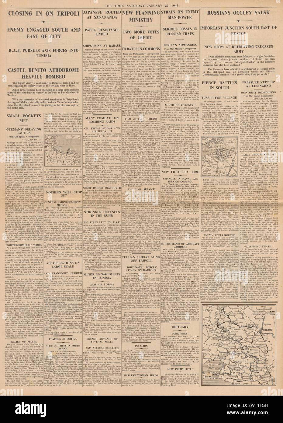 1943 die Titelseite des Daily Telegraph berichtet, dass die achte Armee Tripolis erobert und die Rote Armee Salsk erobert Stockfoto