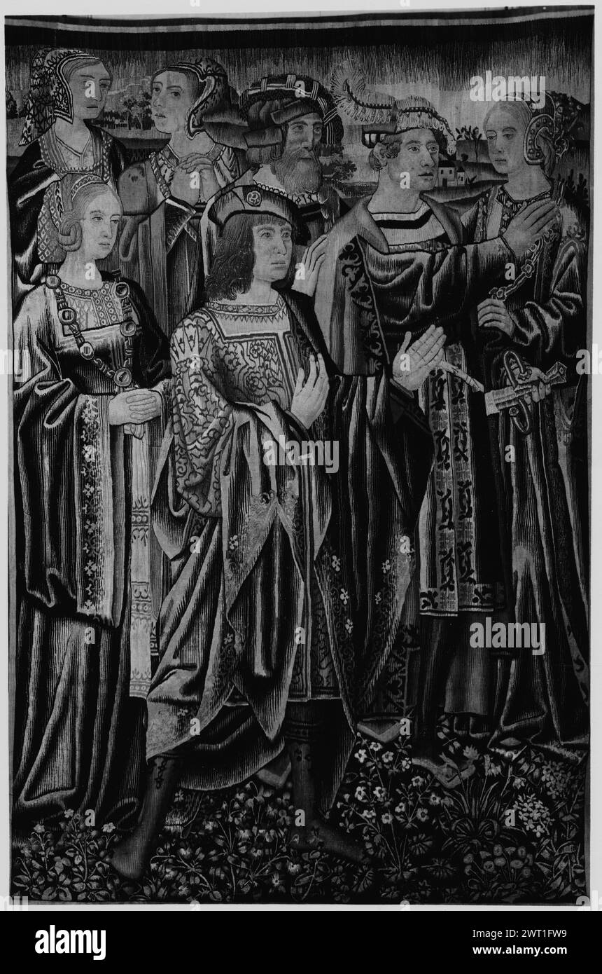 Höflinge in der Landschaft. Unbekannt ca. 1510-1520 Gobelin Abmessungen: H 1,96 x B 1,27 m Gobelin Materialien/Techniken: Unbekannt Kultur: Südniederländische Weberei: Unbekannt Geschichte: Seligmann-Sammlung. Drei Damen und drei Männer stehen in der Landschaft, mit Blick auf das R Fragment des Wandteppichs; Grenzen fehlen. Möglicherweise in Brüssel gewebt. Stockfoto