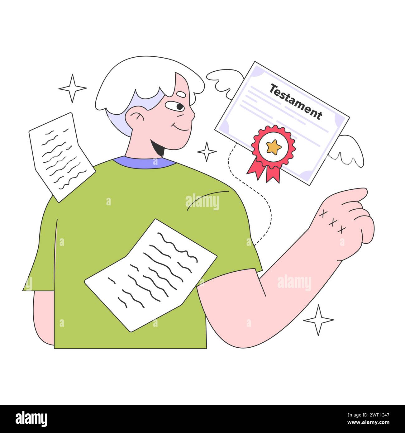 Meilenstein im Seniorenleben. Alt werden und Reifen. Pensionierter Mann, der ein Testament macht. Ein alter Charakter schreibt ein Testament. Eigenschaft, in der Papier übertragen wird. Illustration des flachen Vektors. Stock Vektor Meilenstein im Seniorenleben. Alt werden und Reifen. Pensionierter Mann, der ein Testament macht. Ein alter Charakter schreibt ein Testament. Eigenschaft, in der Papier übertragen wird. Illustration des flachen Vektors. Stock Vektor