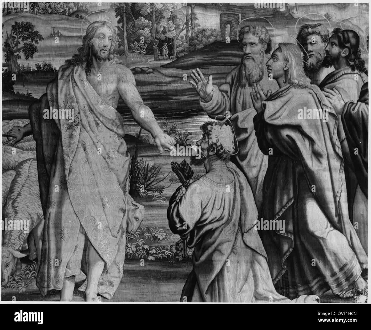 Christus gibt dem heiligen Peter die Schlüssel des Himmels. Raphael (italienisch, 1483-1520) (Zeichentrickschöpfer) [Maler] Lefebvre, Pierre (französisch, Jahrgang 1579-d.1669) (Werkstatt) [Weber] ca. 1650 Gobelin Materialien/Techniken: Unbekannt Kultur: Französisches Weberzentrum: Paris Eigentumsgeschichte: Kardinal (Jules) Mazarin (d. 1661) Coll. (9 Stück). Marquis de Mancini Coll. (9 Stück ?). Krone Italiens, Palazzo reale (Mailand) (7 Stück). Zusätzliches Panel im Set dokumentiert in Archiven in Monaco. Italien, Marken, Pesaro e Urbino, Urbino, Palazzo Ducale. Christus, der gerade den knienden Peter-Schlüssel dem Himmel gegeben hat, steht mit einer Herde von La Stockfoto