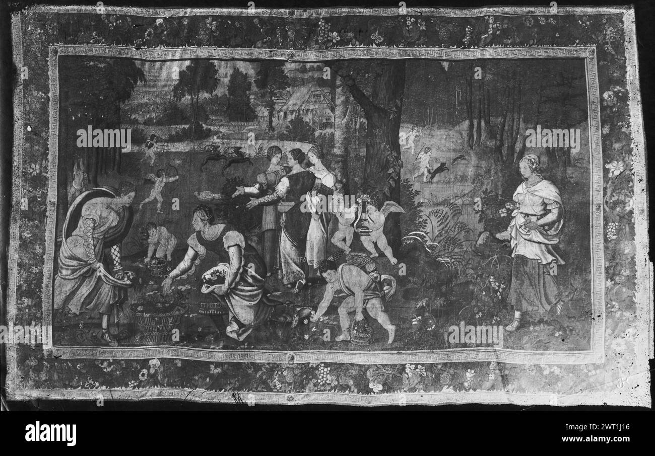 Herausforderung von Venus und Cupid. Unbekannt ca. 1550 Gobelin Abmessungen: H 414 x B 667 Gobelin Materialien/Techniken: Wolle & Seide Kultur: Flämisches Weberzentrum: Brüssel Besitzgeschichte: Spanien, Madrid, Palacio Real de Madrid, Accno. A. 243-6748. Inschriften: Nicht identifizierte Webermarke [Ort unbekannt] Verwandte Werke: Tafeln im Set: GCPA 0236964-0236969 Stockfoto