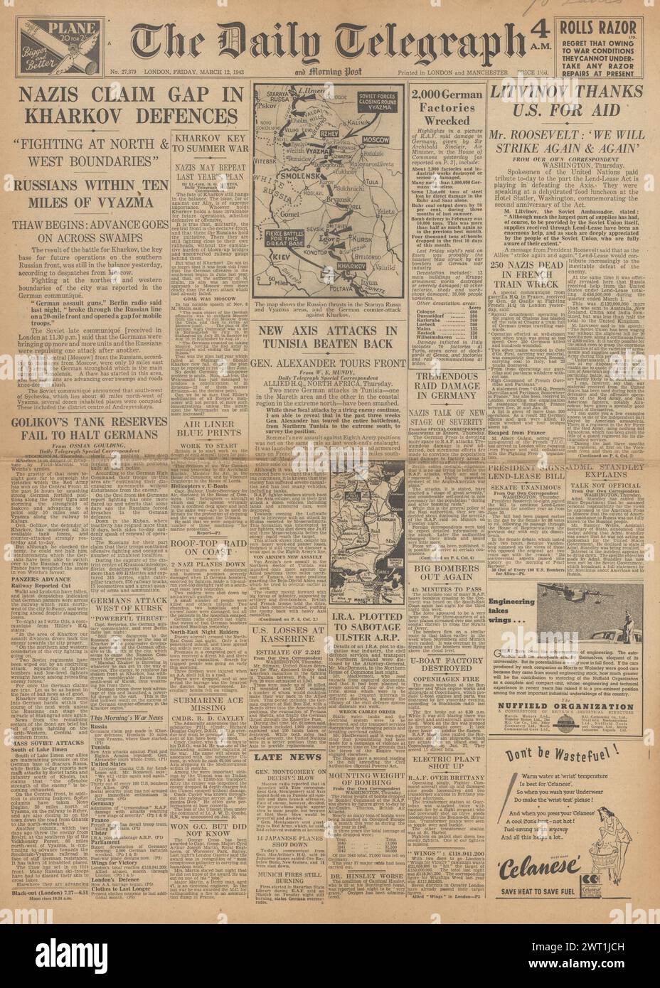 1943 die Titelseite des Daily Telegraph berichtet über die Schlacht um Charkow und die Schlacht um Tunesien Stockfoto