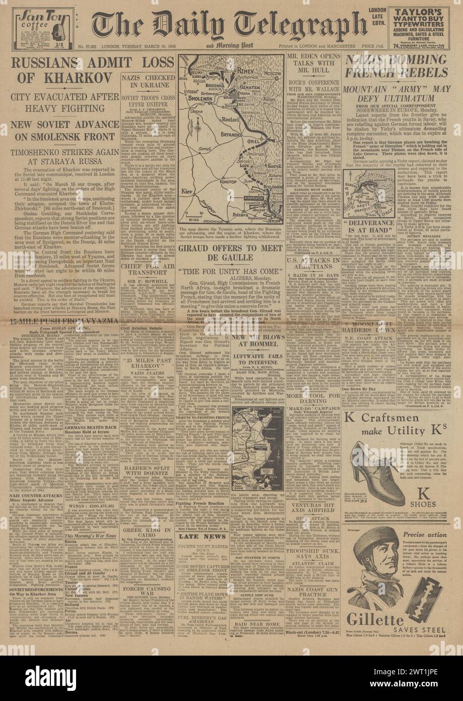 1943 die Titelseite des Daily Telegraph berichtet über die Schlacht um Charkow, die Schlacht um Tunesien und die Angriffe der Partisanen in den französischen Alpen Stockfoto