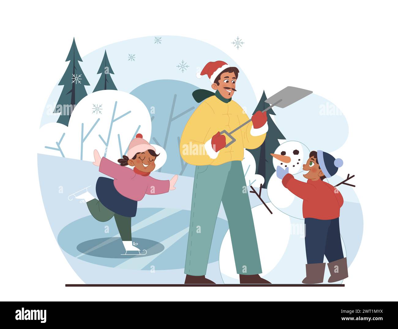 Weihnachtsfeier. Niedliche Familienmitglieder, Vater und Kinder bauen und dekorieren im Winterurlaub einen Schneemann. Festtage außerhalb der Freizeit. Illustration des flachen Vektors Stock Vektor