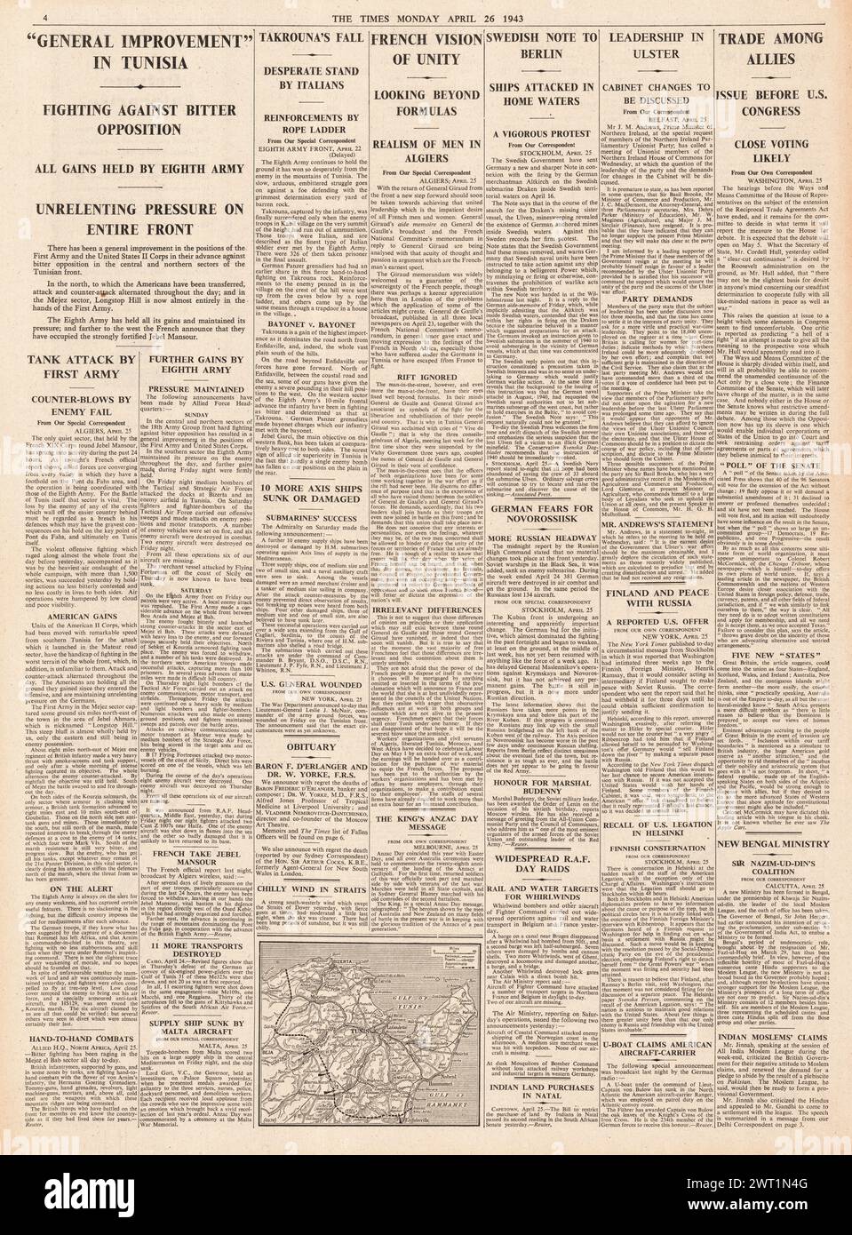 1943 meldet die Times die Schlacht um Tunesien Stockfoto