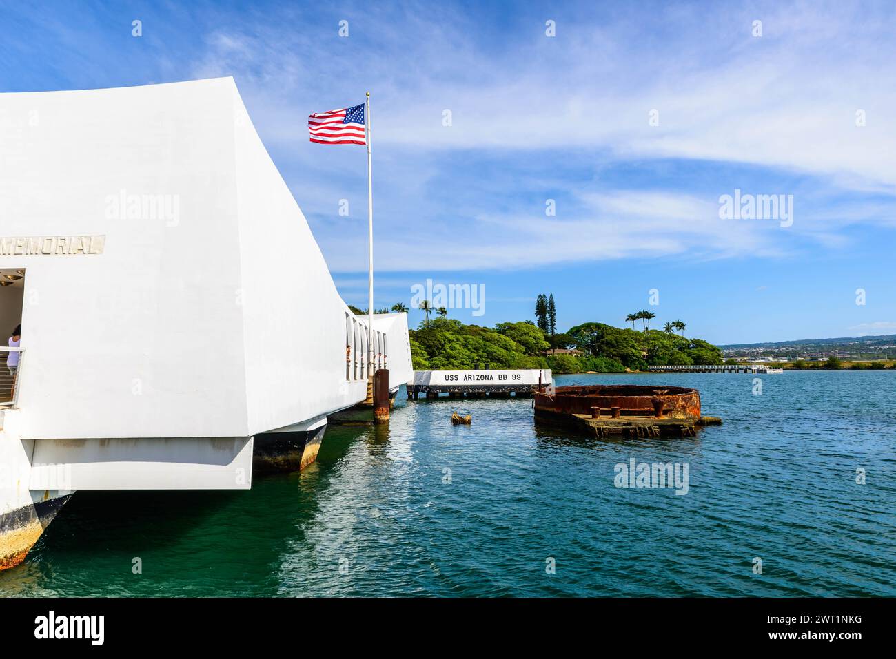 Der Blick auf das USS Arizona Memorial aus einem einzigartigen Blickwinkel Stockfoto