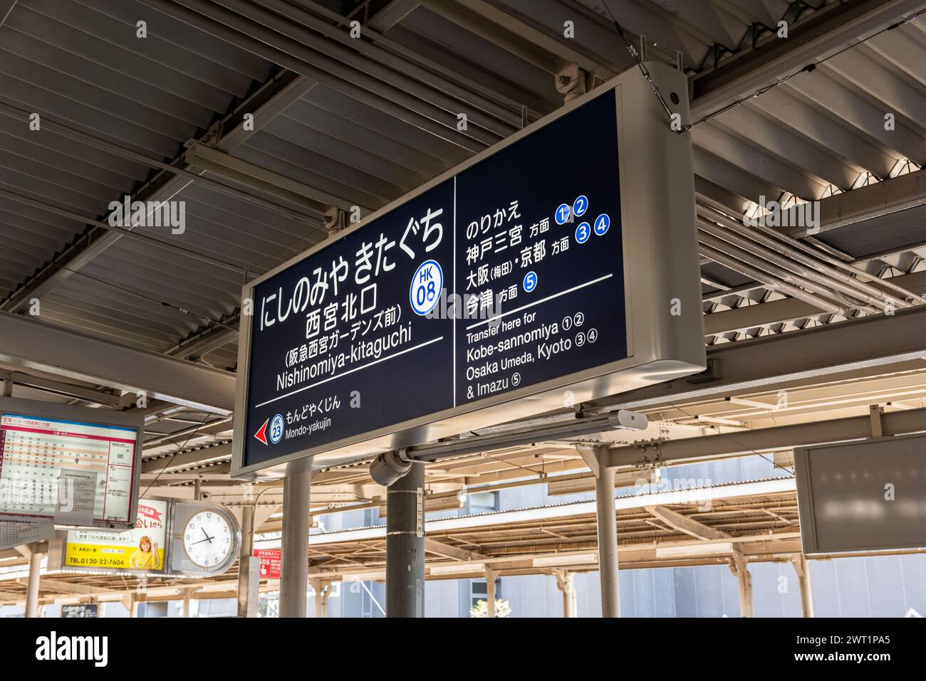 Bahnsteig-Schild für Nishinomiya - Kitaguchi. Station 8 auf der Hankyu-Linie. Stockfoto