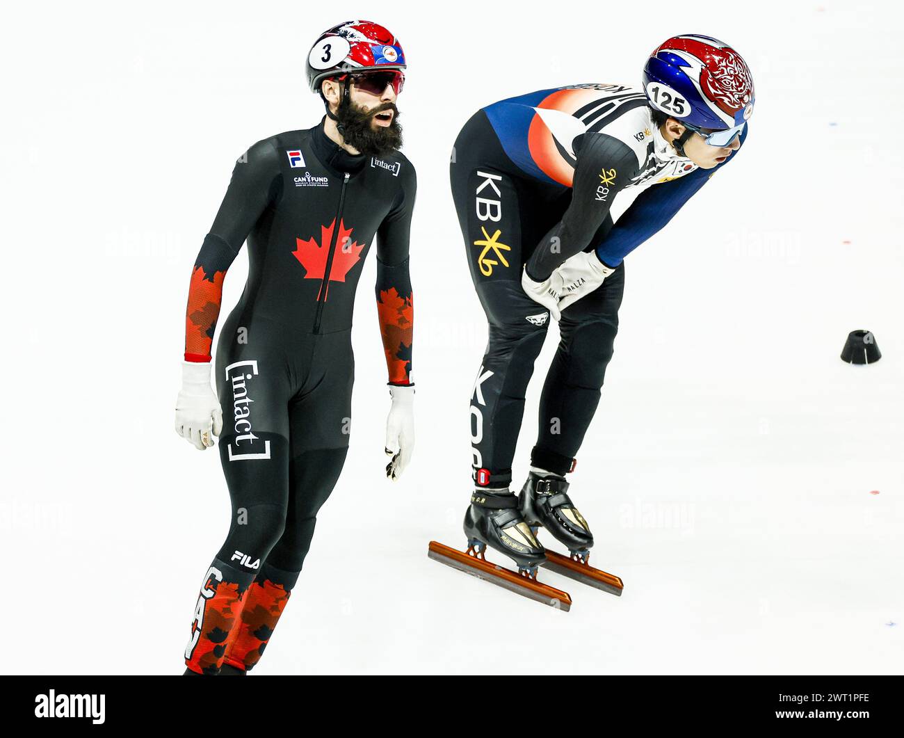 ROTTERDAM - 05.03.2024, (l-r) Steven Dubois (CAN), Daeheon Hwang (KOR) beim 1500-Meter-Viertelfinale der Männer bei den Kurzstrecken-Weltmeisterschaften in Ahoy. ANP KOEN VAN WEEL Stockfoto