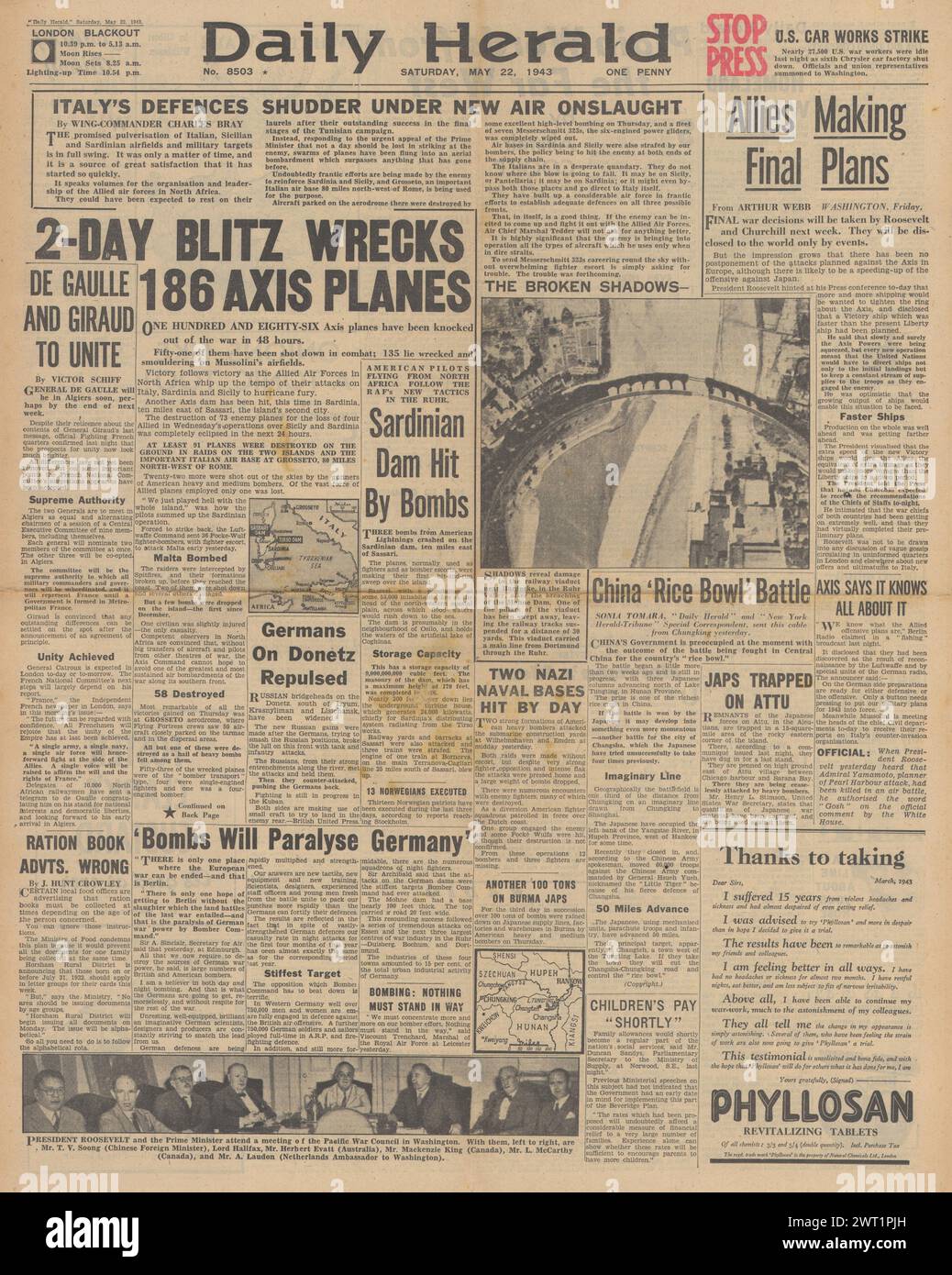 1943 Daily Herald berichtet von alliierten Angriffen auf Italien und Bombenangriffen auf Europa Stockfoto