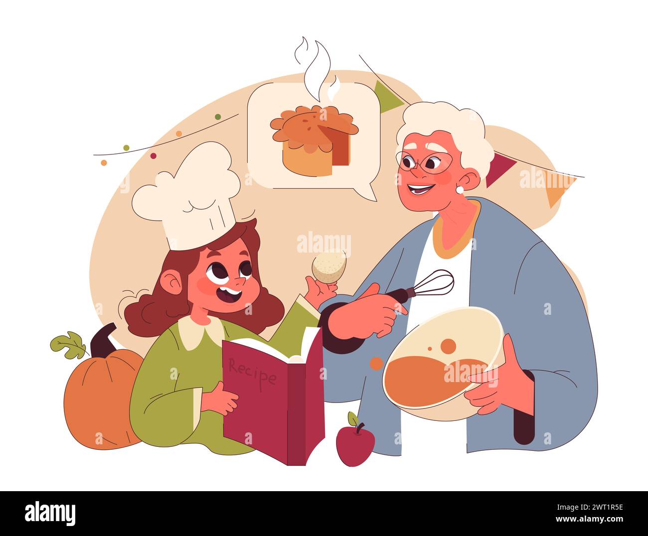 Fröhliche Familie feiert Thanksgiving. Amerikanische Feiertagsessen und -Treffen. Glückliches Kind und Großmutter verbringen Zeit miteinander und kochen traditionellen Kürbiskuchen. Illustration des flachen Vektors Stock Vektor