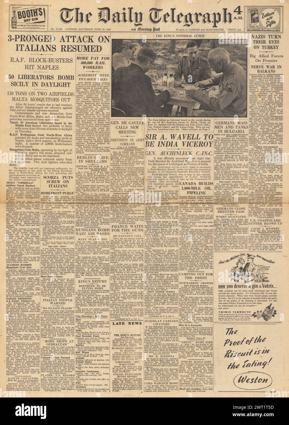 1943 die Titelseite des Daily Telegraph berichtet, dass Wavell Vizekönig von Indien wird Stockfoto