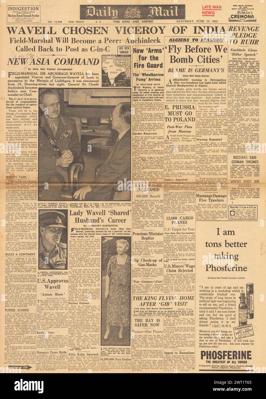 1943 Daily Mail berichtet, dass Wavell Vizekönig von Indien wird Stockfoto