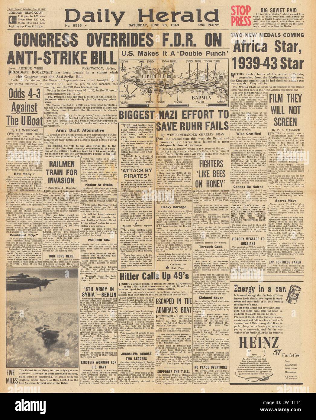 1943 Daily Herald berichtet über US-Kohlestreik, Africa Star Medaille und RAF-Bombenangriffe auf das Ruhr Stockfoto