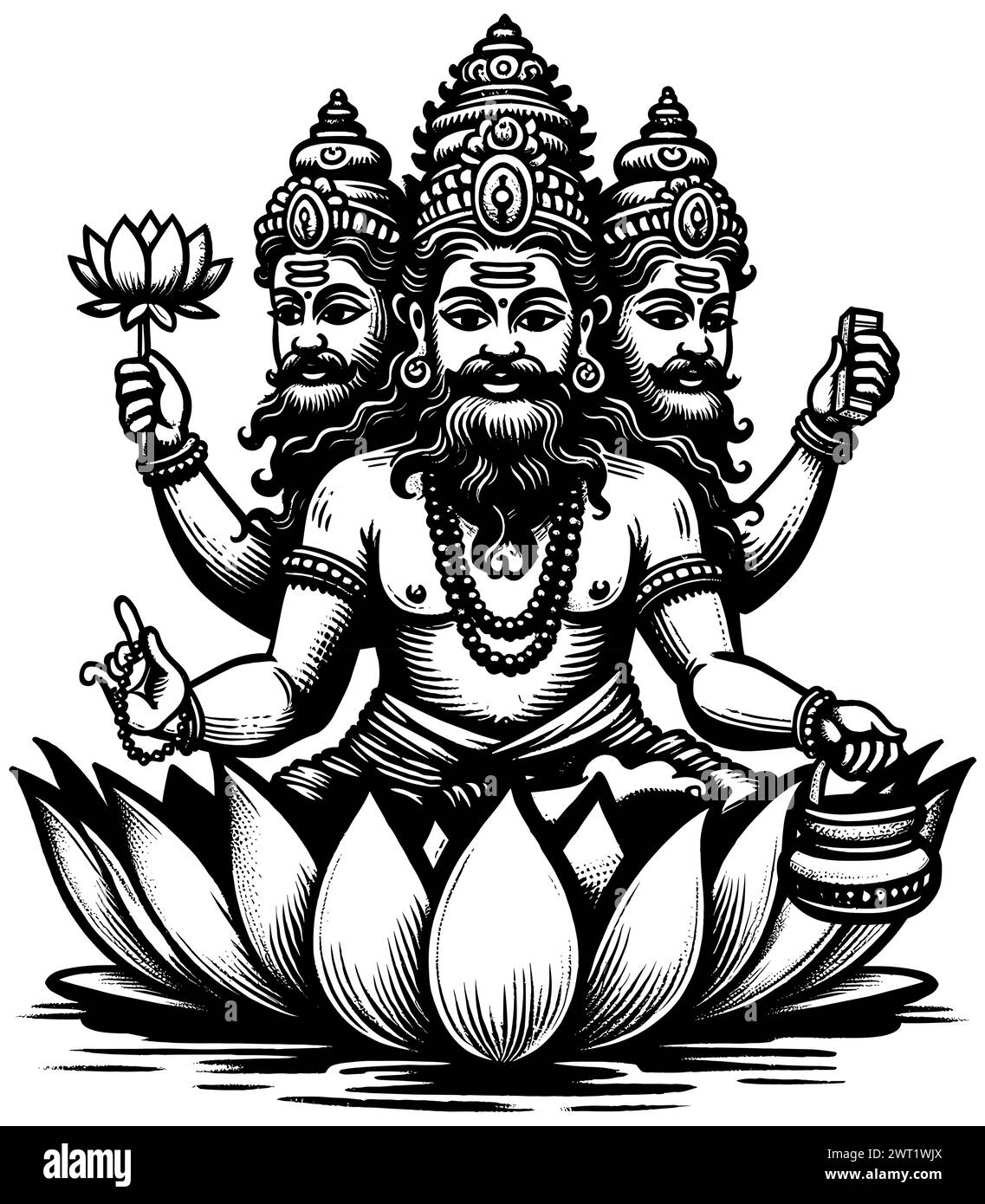 Holzschnitt-Illustration des hinduistischen Gottes Brahma auf weißem Hintergrund. Stock Vektor