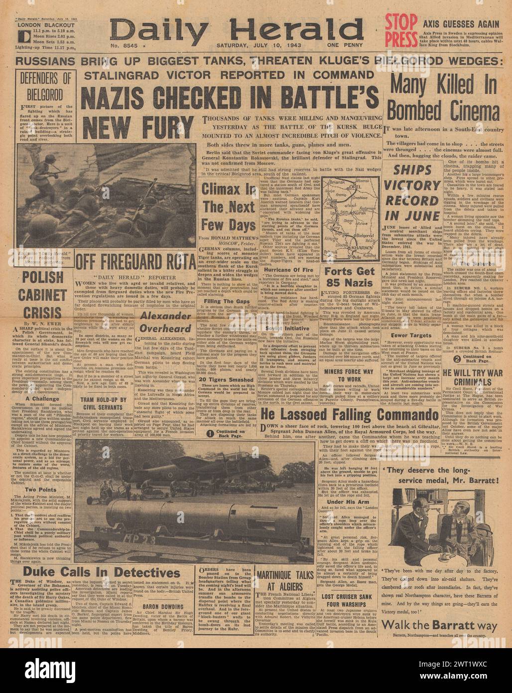 1943 berichtet Daily Herald über die Schlacht von Kursk und die Bombardierung des Whitehall Cinema in East Grinstead Stockfoto