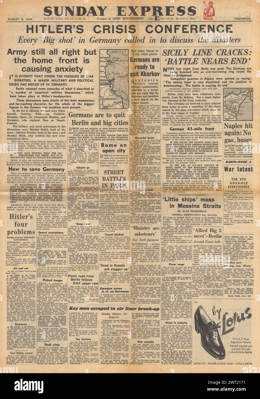 1943 Daily Express-Titelseite berichtet, Hitler hält Krisenkonferenz ab, Schlacht für Sizilien und Schlacht für Charkow Stockfoto