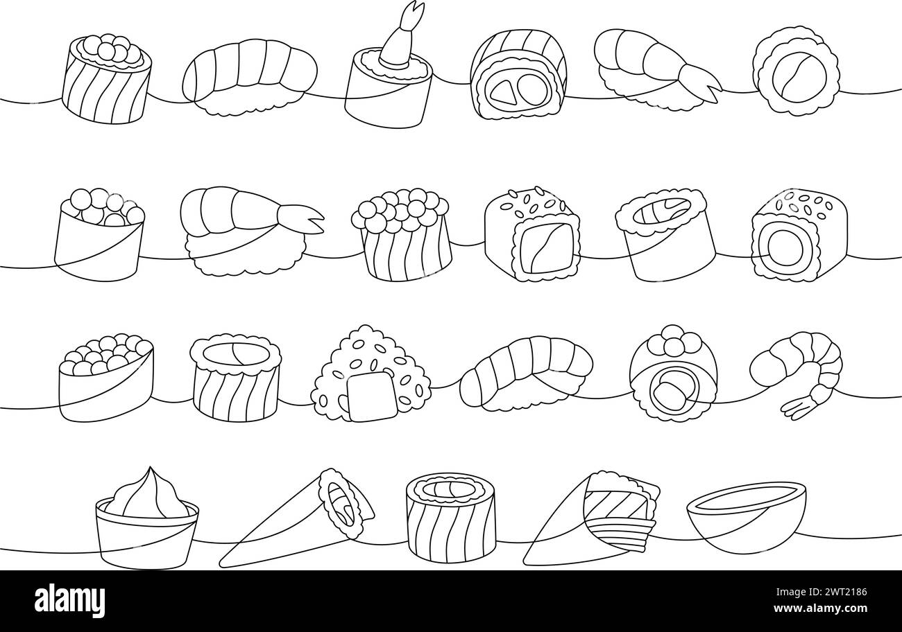 Sushi-Brötchen mit Meeresfrüchten. Japanische traditionelle Küche, eine Linie. Ikura Sushi, Tobiko Maki, philadelphia Roll, Onigiri, Garnelen Nigiri, Tekkamaki-Thunfisch Stock Vektor