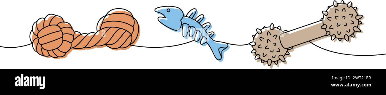 PET-Zubehörset. Hund Kauspielzeug, Fischknochen Skelett, Hund ziehen durchgehende eine Linie Illustration. Lineare Vektordarstellung. Stock Vektor