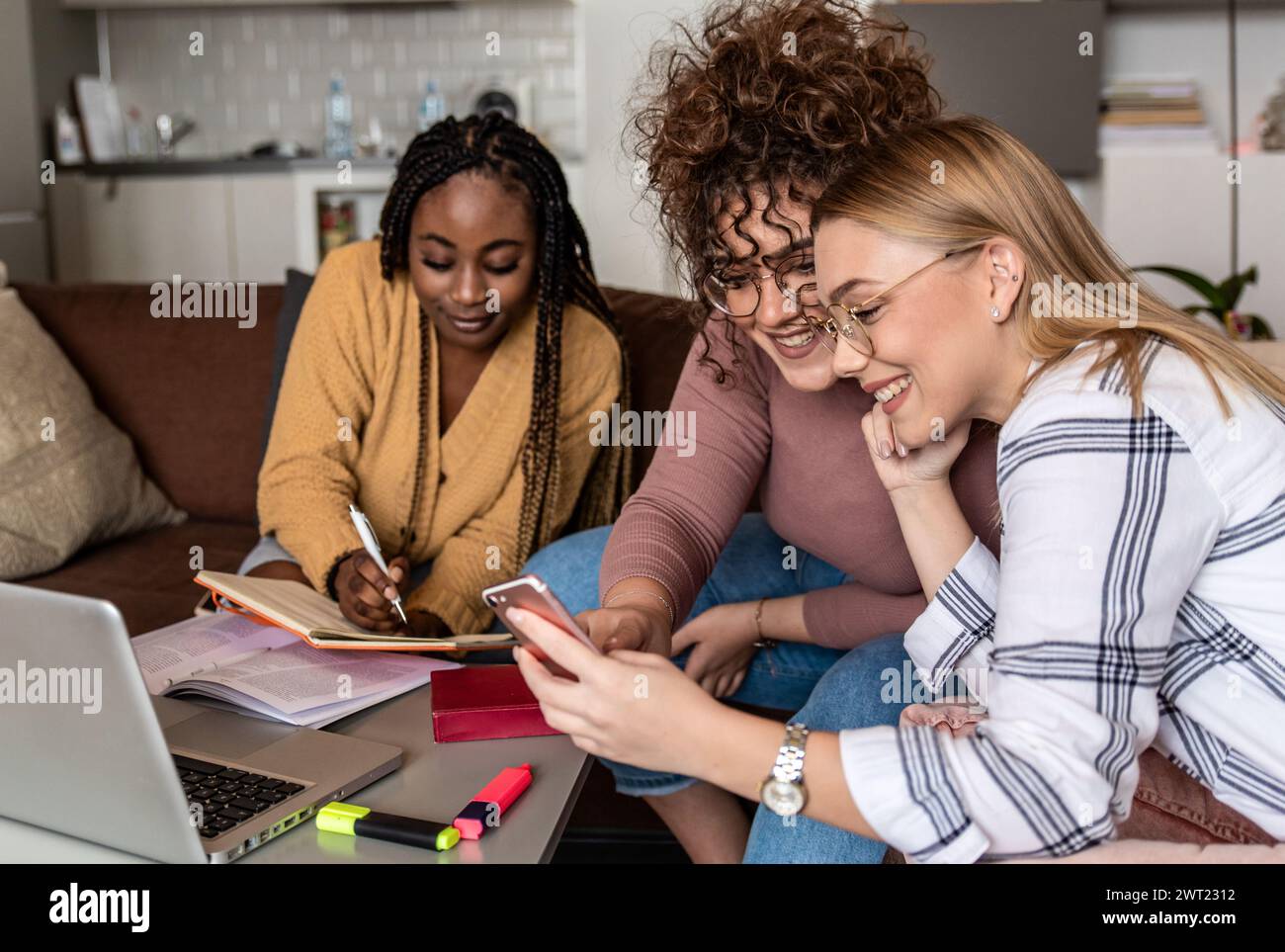 Verschiedene Gruppen von Schülerinnen, die zu Hause mit Laptop und Büchern lernen, um zu recherchieren. Stockfoto
