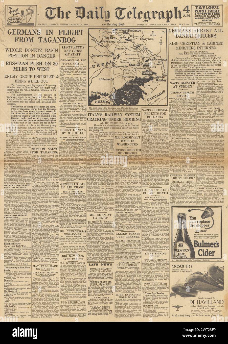 1943 die Titelseite des Daily Telegraph berichtet über den Rückzug der deutschen Armee aus Taganrog, die Alliierten bombardieren Italien und Unruhen in Dänemark Stockfoto