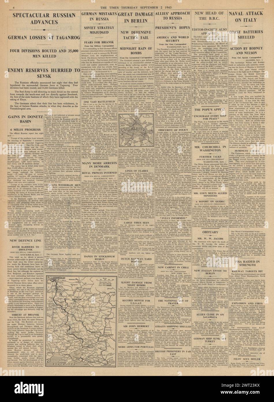 1943 berichtete die Times über den Vormarsch der Roten Armee, die Bombe der RAF Berlin und den Bombardement Reggio der Royal Navy Stockfoto