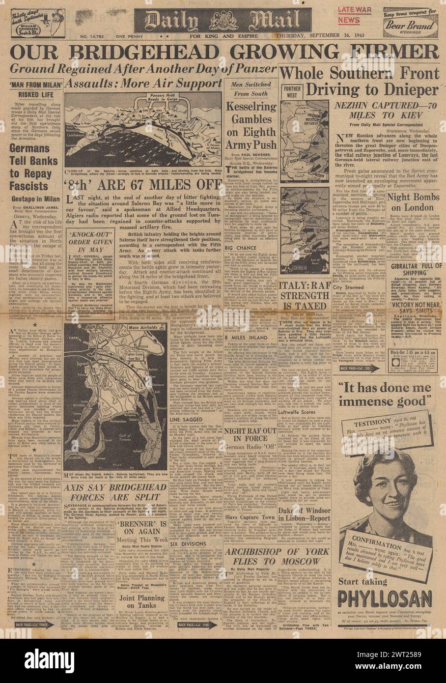 1943 Daily Mail-Titelseite berichtet über die Schlacht um Salerno und den Vormarsch der Roten Armee auf Kiew Stockfoto