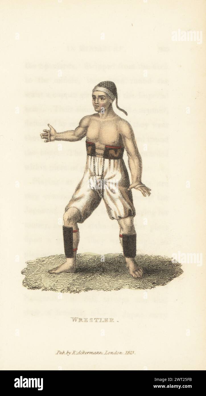 Japanischer Sumo-Wrestler. Er trägt sein Haar in einem Netz, einen kupfernen Gürtel mit den imperialen Armen, Hosen mit Kordeln gebunden, Schienbeinschützer aus Metall. Nach einer Illustration in Arnoldus Montanus Atlas Japannensis, 1670, kopiert von Georg Heinrich von Langsdorff. Handkolorierter Kupferstich aus Frederic Shoberls The World in Miniature, Japan, Rudolph Ackermann, London, 1823. Stockfoto