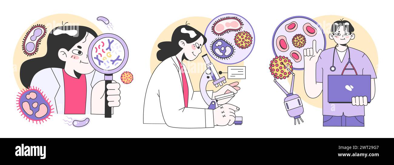 Medizinisches Forschungsset. Biotechnologie, Medizin und Pharmakologie-Entwicklung. Innovative Technologien, klinische Prüfungen und Tests. Illustration des flachen Vektors Stock Vektor