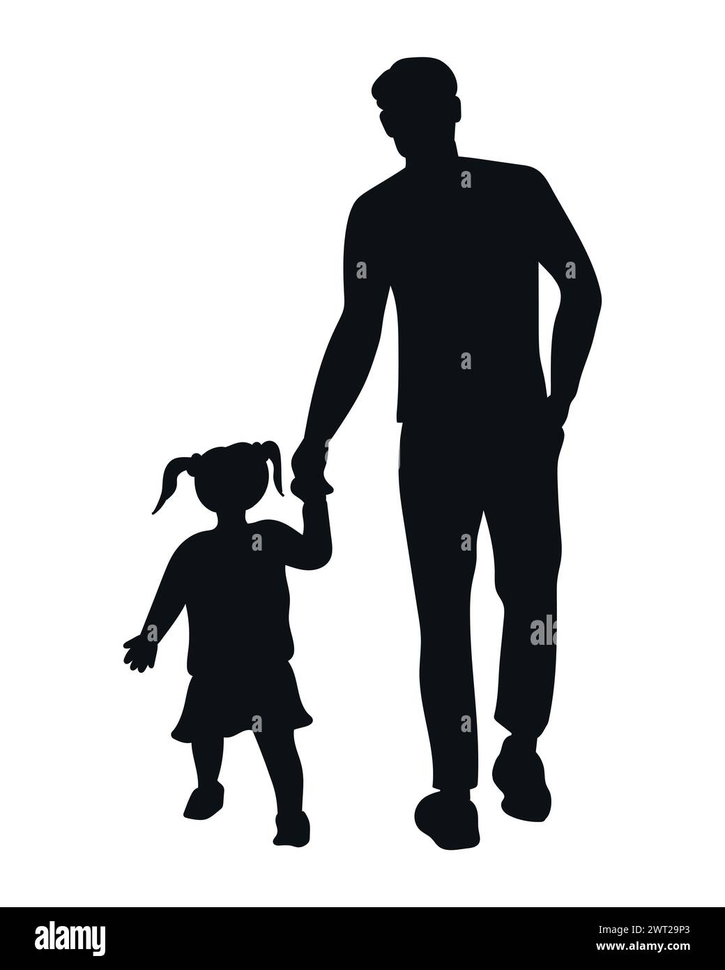 Vater geht mit einem Kind Hand in Hand. Die Silhouette von Vater und Tochter. Thema Vatertag. Vektorgrafik Stock Vektor