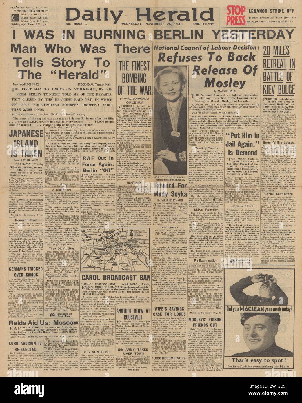 1943 Daily Herald berichtet über Bombe Berlin, Rückzug der Roten Armee in Kiew, Eroberung der Makin-Insel und Oswald Mosley Stockfoto