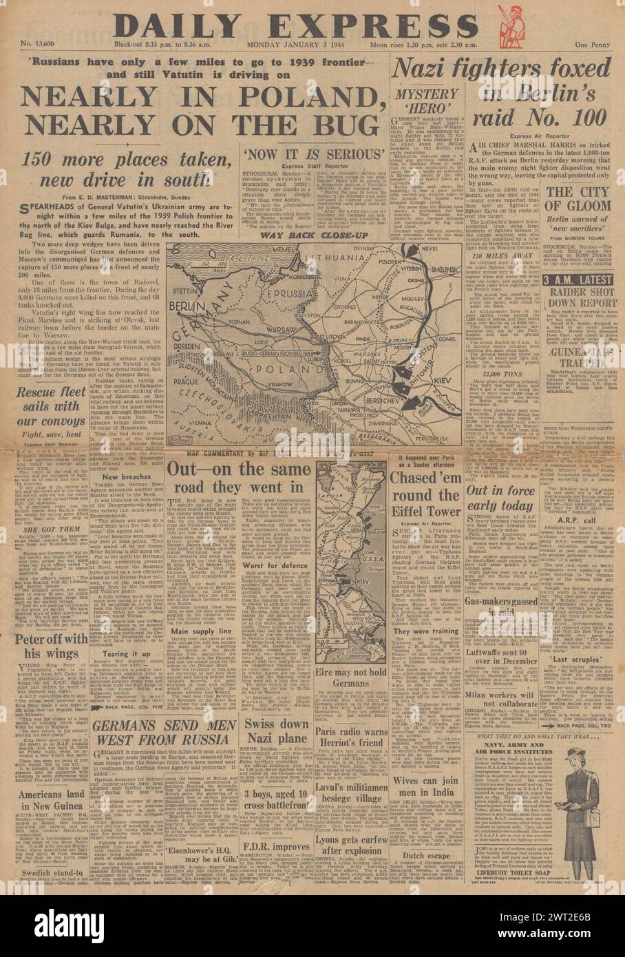 1944 Daily Express-Titelseite berichtet über den Vormarsch der Roten Armee in Richtung Polen und RAF-Angriff auf Berlin Stockfoto