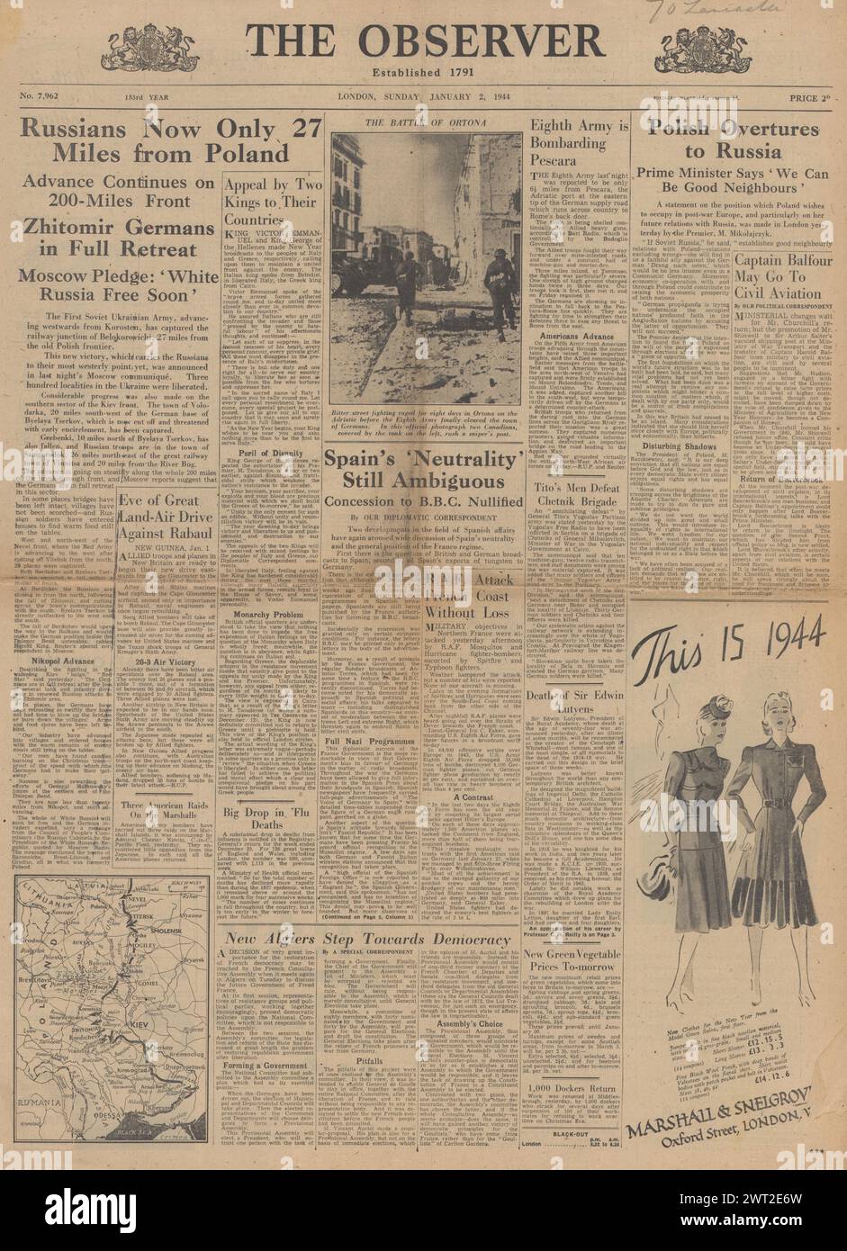 1944 auf der Titelseite des Beobachters wird berichtet, dass die Rote Armee in Richtung Polen vormarschiert Stockfoto