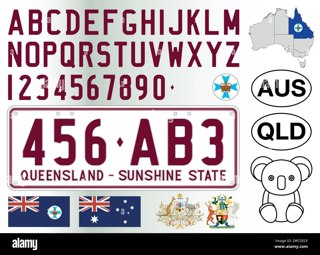 Queensland Autokennzeichen Muster, Buchstaben, Zahlen und Symbole, Vektorillustration, Australien Stock Vektor