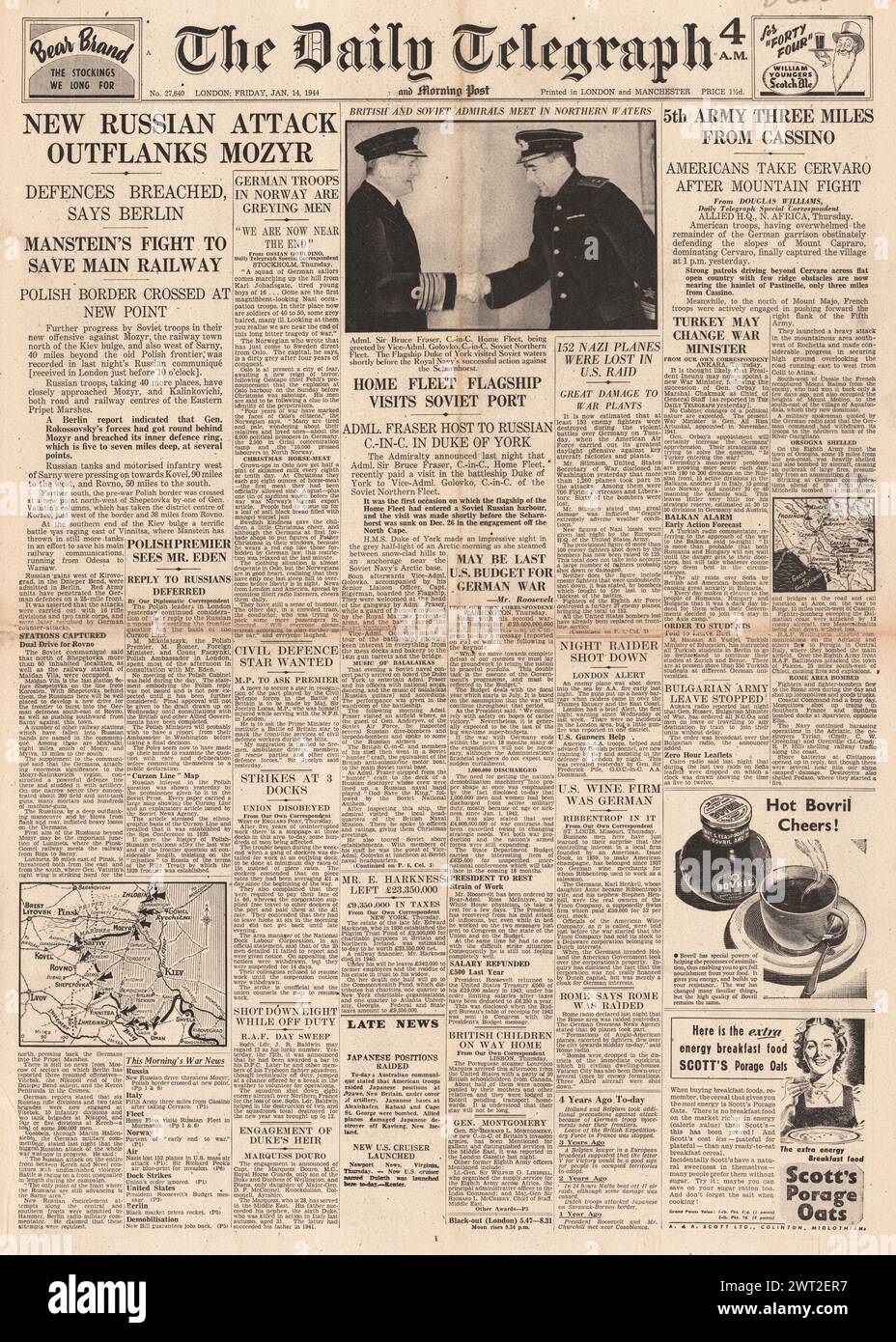 1944 die Titelseite des Daily Telegraph meldet den Pass der Roten Armee Mozyr und den Vormarsch der Fünften Armee auf Cassino Stockfoto