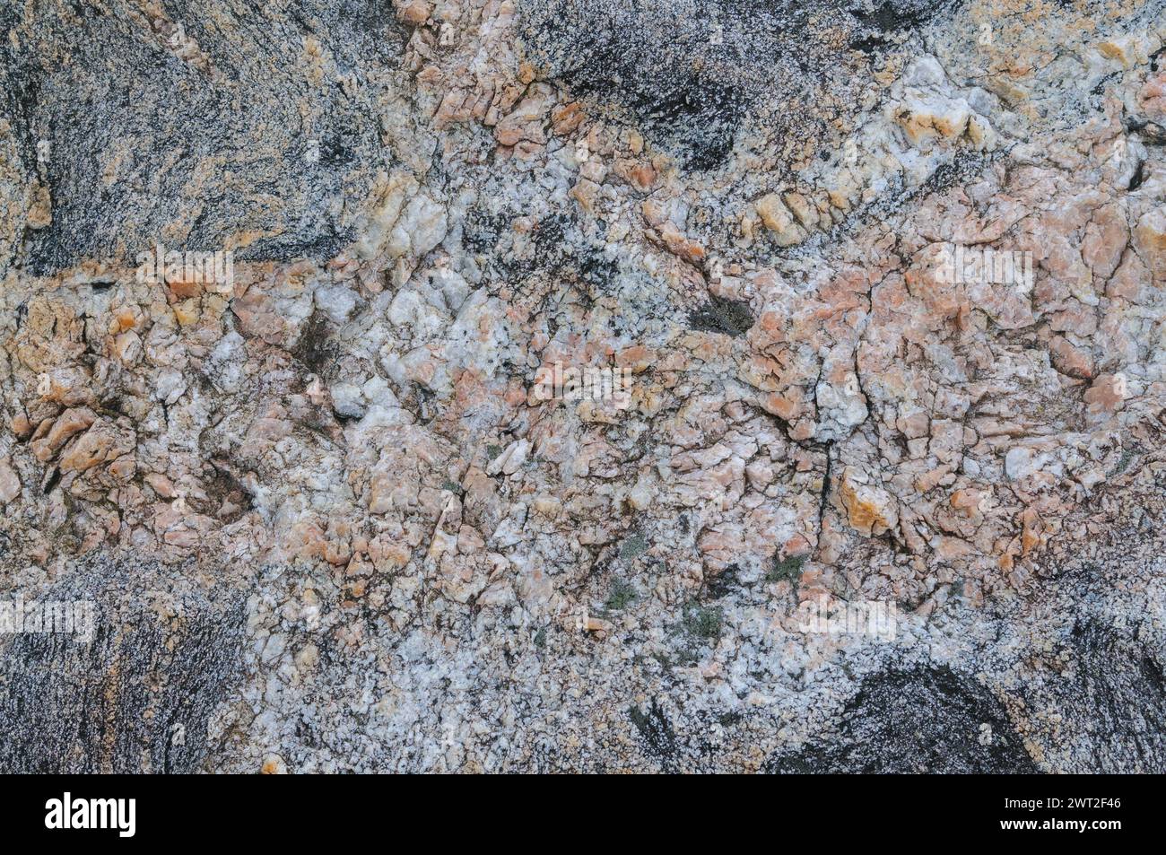 Detaillierter Blick auf die natürlichen Muster und Farben einer Granitfelsoberfläche. Stockfoto