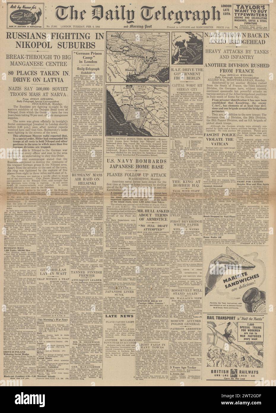1944 die Titelseite des Daily Telegraph berichtet, dass die Rote Armee in Nikopol einmarschiert, um Anzio Brückenkopf gekämpft und US-Truppen auf den Kurilen landen Stockfoto
