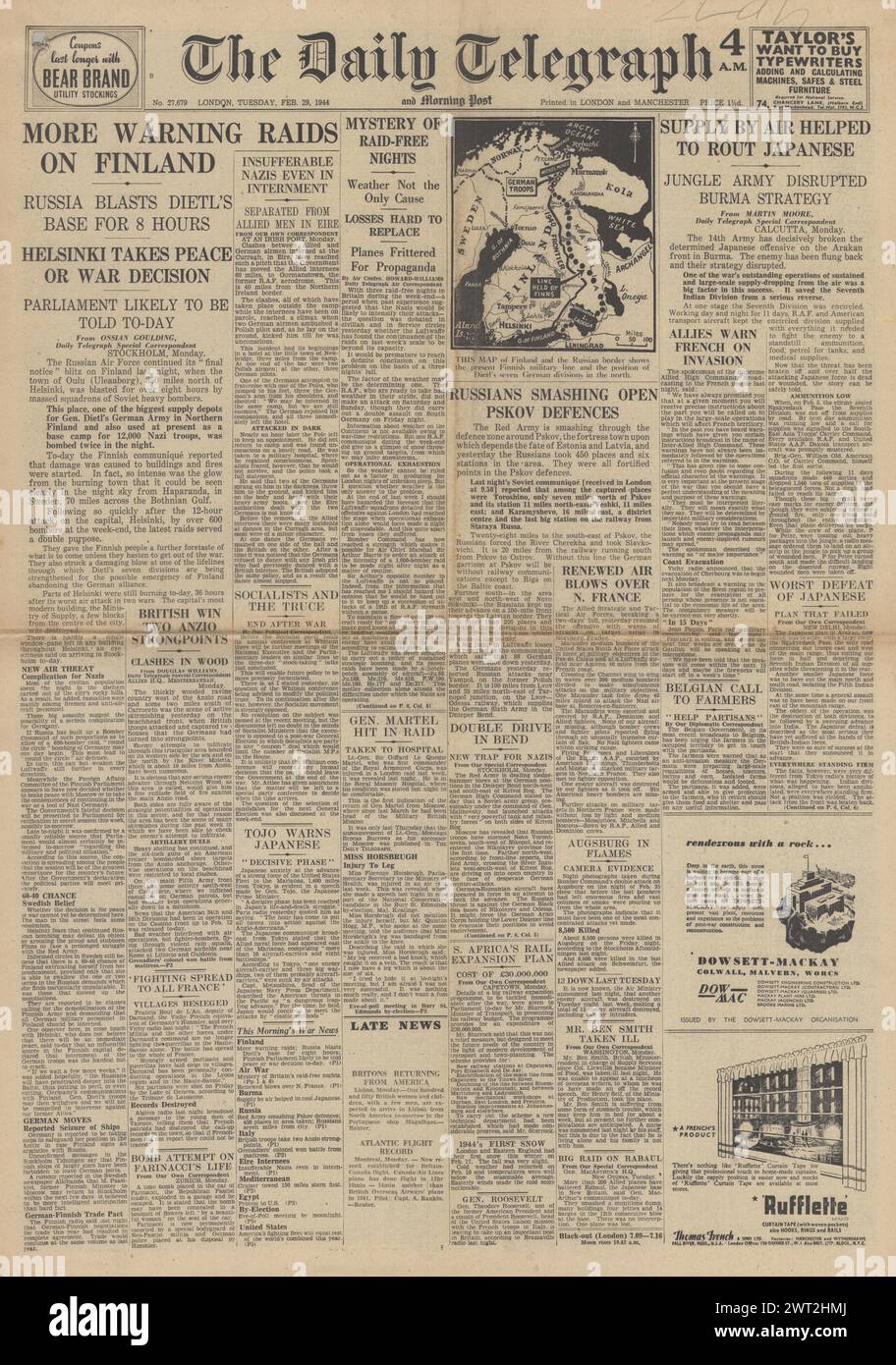 1944 die Titelseite des Daily Telegraph berichtet über die Schlacht um Birma, die russischen Luftwaffe auf Finnland und den Vormarsch der Roten Armee auf Pskow Stockfoto