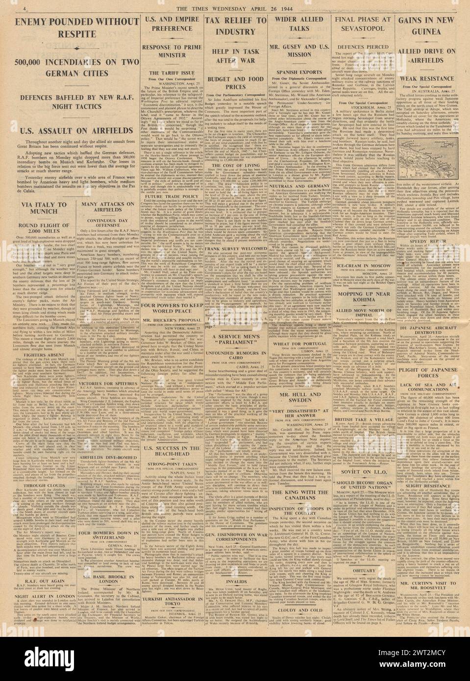 1944 die Times meldet, dass die Lebenshaltungskosten steigen, Spanien Exportgespräche nach Deutschland, die alliierten Feuerbomben München und Karlsruhe, die alliierten Gewinne in Neuguinea und den Kampf um Sewastopol Stockfoto 1944 die Times meldet, dass die Lebenshaltungskosten steigen, Spanien Exportgespräche nach Deutschland, die alliierten Feuerbomben München und Karlsruhe, die alliierten Gewinne in Neuguinea und den Kampf um Sewastopol Stockfoto