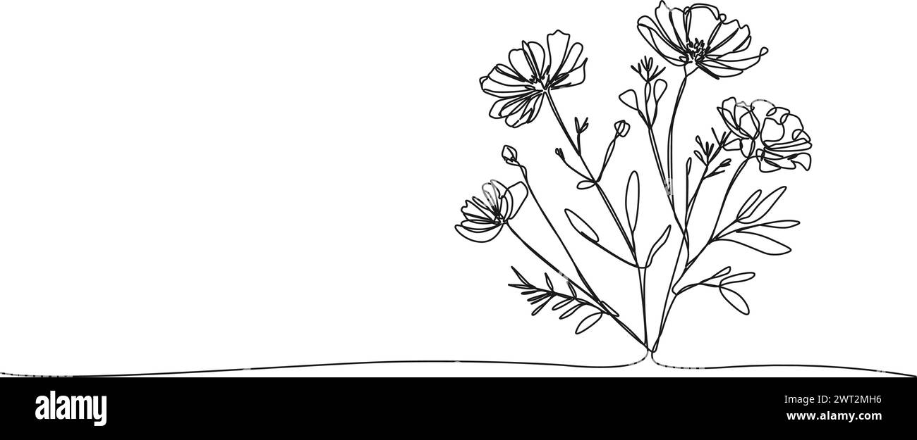 Kontinuierliche einzeilige Zeichnung von wilden Blumen, Linie Art Vektor Illustration Stock Vektor