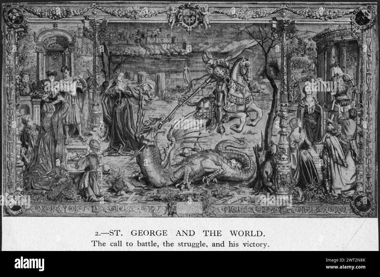 St. George und Drache. Chilston, Lady (britisch, ACT.1922) (Autor des Designs) [Maler] Sleath, William (britisch, ACT. CA.1885-1922) (Werkstatt) [Weber] Carter, Richard (Britisch, ACT. CA.1896-1922) (Werkstatt) [Weber] Carnegie, H. (Britisch, Act. CA.1896-1922) (Workshop) [Weaver] Reed, Frederic (British, ACT.1922) (Workshop) [Weaver] Russell, Edward (British, ACT.1922) (Workshop) [Weaver] c. 1922-1927 Gobelin Abmessungen: H 8' x B 14' Gobelin Materialien/Techniken: Unbekannt Kultur: Englische Besitzgeschichte: England, Berkshire, Windsor, Eton College. George in Rüstung gekleidet und auf weißem Ho montiert Stockfoto