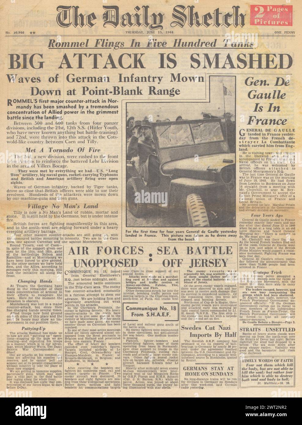 1944 die Titelseite der Daily Sketch berichtet über Panzerschlachten in der Normandie Stockfoto