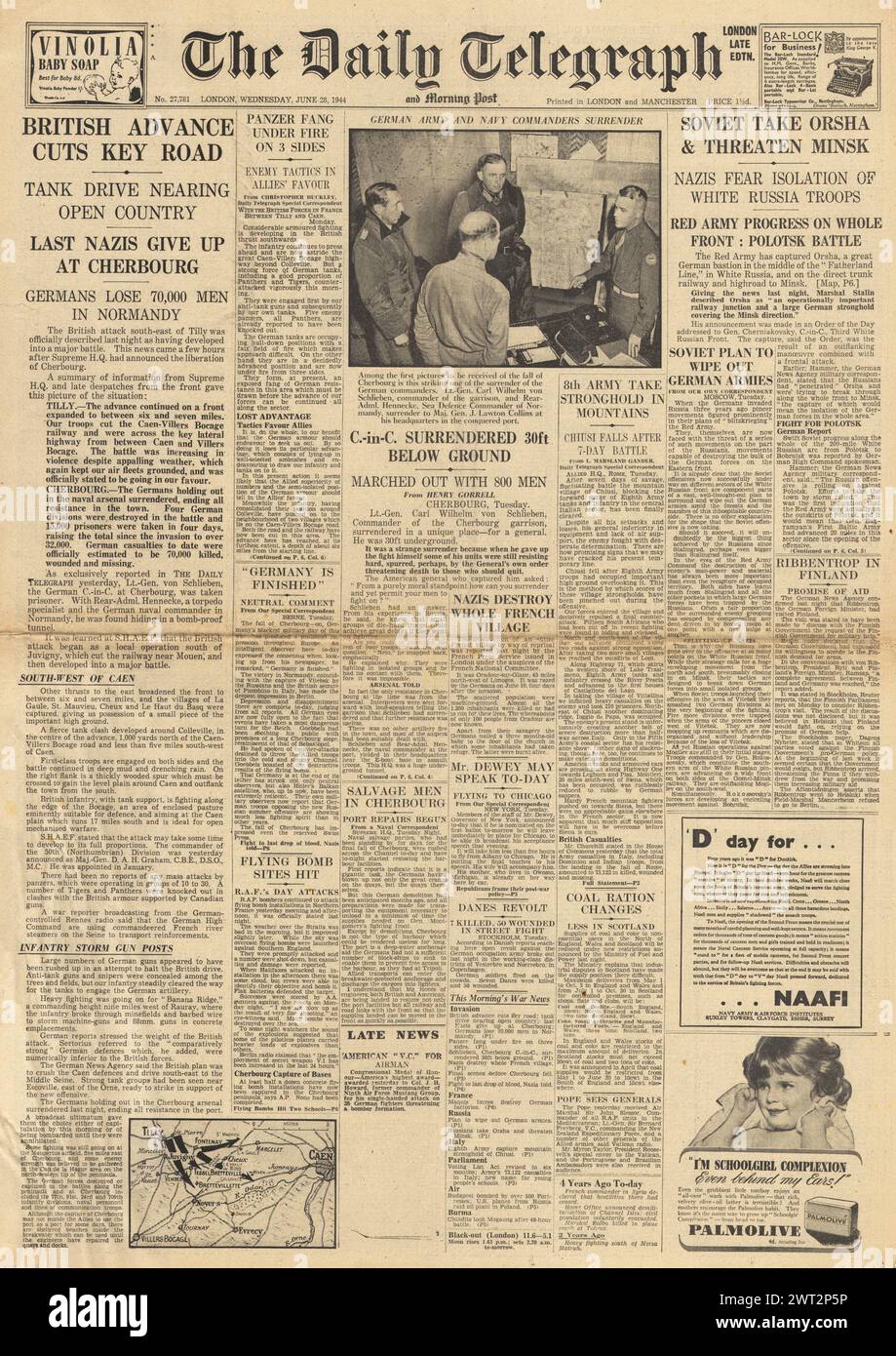 1944 die Titelseite des Daily Telegraph berichtet von der Operation Epsom in der Normandie, der Eroberung von General von Schlieben, der Roten Armee, der Eroberung von Orsha und der Drohung von Minsk und den Alliierten, Cherbourg zu erobern Stockfoto