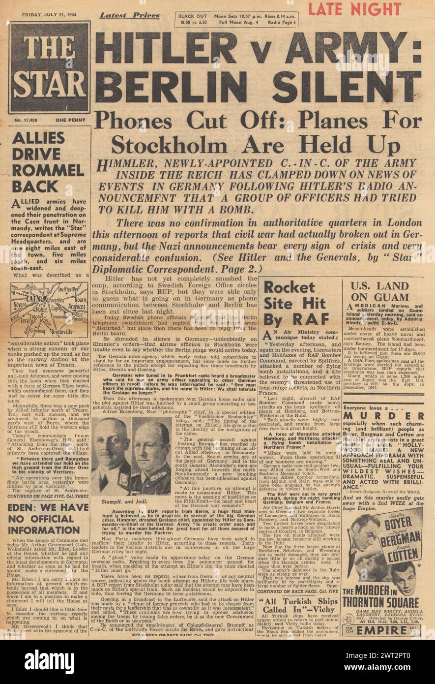 1944 auf der Titelseite des Sterns wird ein Attentat auf Hitler, die Schlacht um Troarn, Raketenangriffe der RAF V1 und US-Streitkräfte auf Guam berichtet Stockfoto