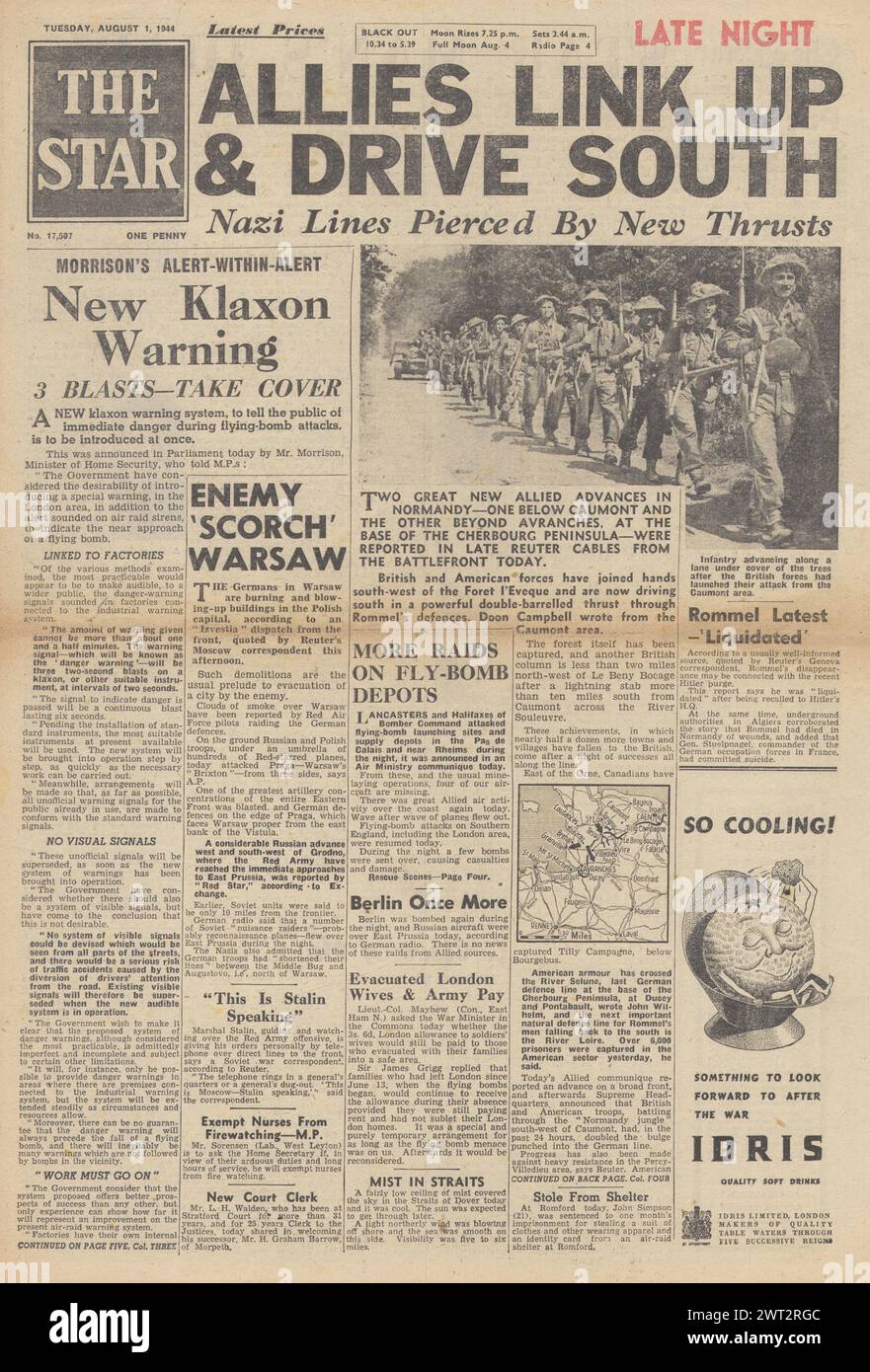 1944 die Star-Titelseite meldet, dass die Alliierten Avranchen erobern, die Rote Armee Warschau vorrücken und das neue V1-Raketenangriffswarnsystem Stockfoto