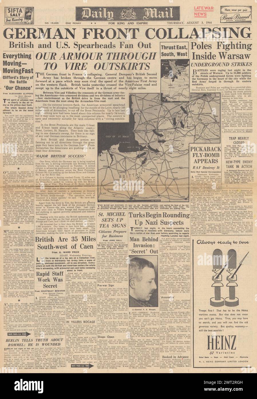 1944 Daily Mail berichtet über den Kampf um die Normandie und den Warschauer Aufstand Stockfoto