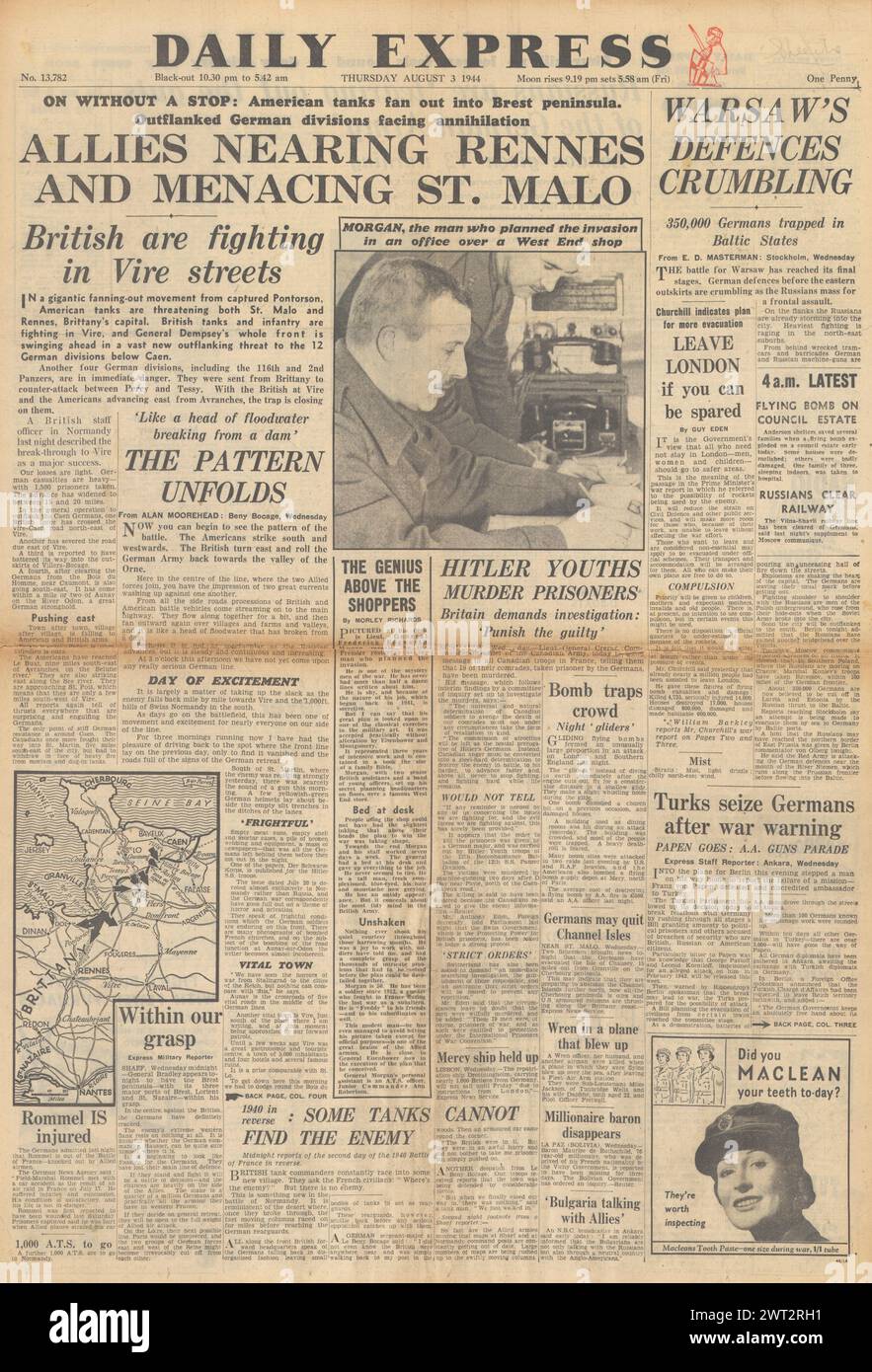 1944 Daily Express-Titelseite, die die Schlacht um Warschau und die Alliierten auf Rennes und St. Malo meldet Stockfoto