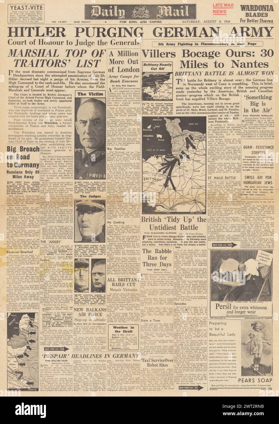 1944 Daily Mail-Titelseite berichtet, dass die Alliierten Villers Bocage und am 20. Juli Bombenangriffe auf Verschwörer verhaften Stockfoto
