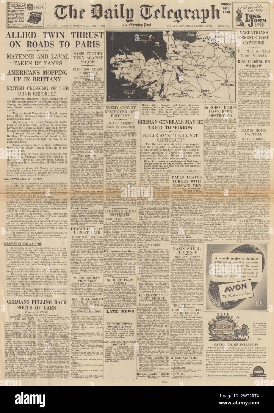 1944 die Titelseite des Daily Telegraph berichtet, dass die Alliierten von der Normandie nach Osten fahren, die Alliierten die Bretagne abschneiden und Laval und Mayenne erobern Stockfoto